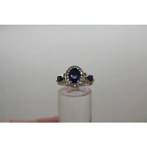 Signed STS .925 S.S. gold accents BLUE TOPAZ HALO ring size 6 #