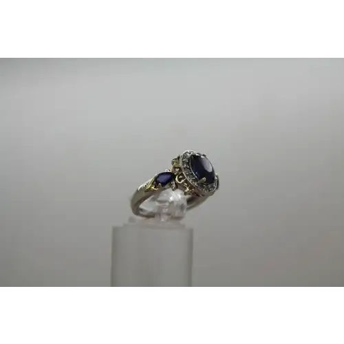 Signed STS .925 S.S. gold accents BLUE TOPAZ HALO ring size 6 #