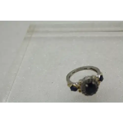 Signed STS .925 S.S. gold accents BLUE TOPAZ HALO ring size 6 #