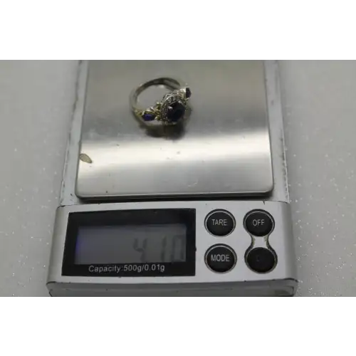 Signed STS .925 S.S. gold accents BLUE TOPAZ HALO ring size 6 #