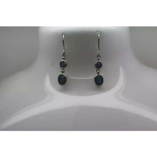 Signed STS .925 Sterling Silver BLUE OPAL DOUBLE OVAL DANGLE earrings