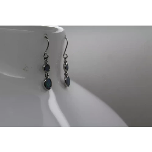 Signed STS .925 Sterling Silver BLUE OPAL DOUBLE OVAL DANGLE earrings