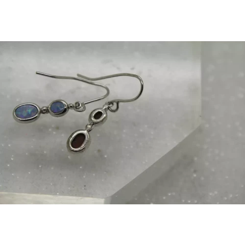 Signed STS .925 Sterling Silver BLUE OPAL DOUBLE OVAL DANGLE earrings