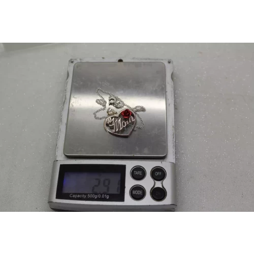 Signed SU .925 S.S. #1 MOM ENAMEL RED ROSE HEART necklace 18