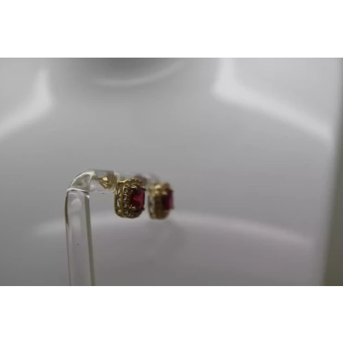 Signed SUN 10k Y.G. Cushion Cut RUBY & DIAMOND HALO earrings