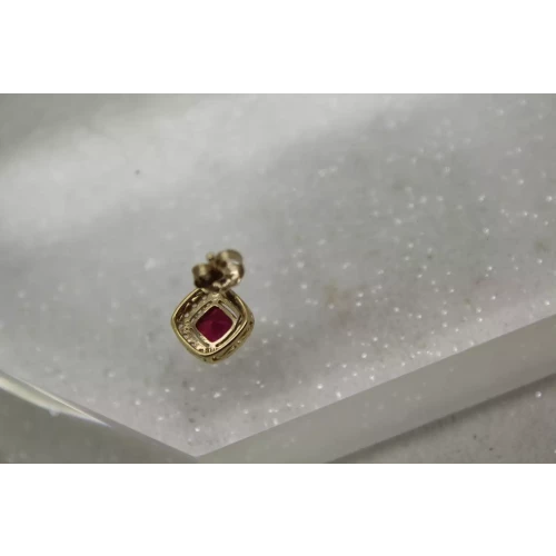 Signed SUN 10k Y.G. Cushion Cut RUBY & DIAMOND HALO earrings