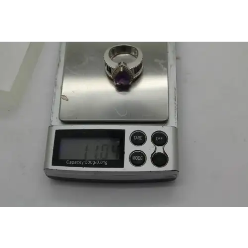 Signed VW .925 S.S. TEARDROP AMETHYST & DIAMOND HALO ring size 7
