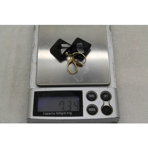 Signed ZB 14k Y.G. Square Cut BLACK ONYX DANGLE earrings