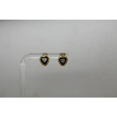 Signed ZZ 14k Y.G. ONYX & DIAMOND HEART STUD earrings