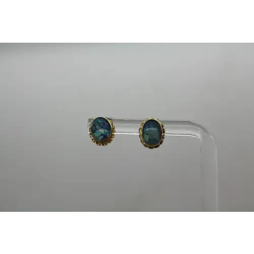 Signed ZZ 14k Y.G. OPAL INLAY DOUBLET STUD earrings #