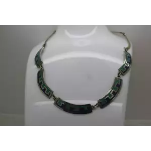 Vtg. MEXICO ALPACA Crushed TURQUOISE LAPIS INLAY PANEL necklace 16