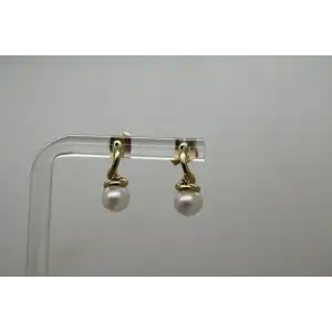 Signed 10k Y.G. WHITE PEARL & DIAMOND acc. SWIRL DROP earrings