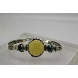 .925 Sterling Silver FLOWER CARVED YELLOW & BLUE STONE toggle bracelet 7.5