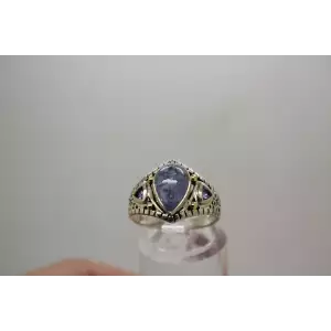 Signed INDIA .925 S.S. 18k TEARDROP TANZANITE FANCY DESIGN size 7