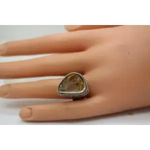 .925 S.S. RAW CUT QUARTZ TEARDROP SCROLL DESIGN ring size 9