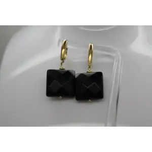 Signed ZB 14k Y.G. Square Cut BLACK ONYX DANGLE earrings