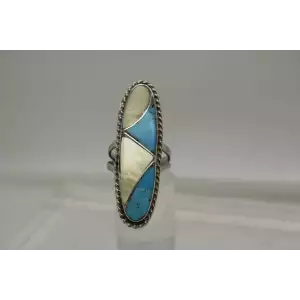 NAVAJO NORMAN LEE .925 S.S. TURQUOISE MOP CHANNEL INLAY size 6