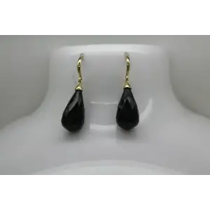 Signed 14k Y.G. MULTI FACETED TEARDROP ONYX DANGLE earrings