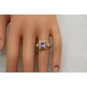 Signed RJM 14k Y.G. AMETHYST & DIAMOND VINTAGE INSIPIRED ring size 7