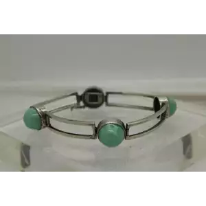 Vintage .925 S.S. OPEN WORK LINK PEARLIZED GREEN GLASS bracelet 7 1/2