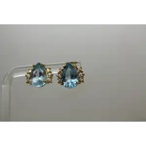 Signed DLC 14k Y.G. Pear Cut BLUE TOPAZ & WHITE STONE earrings