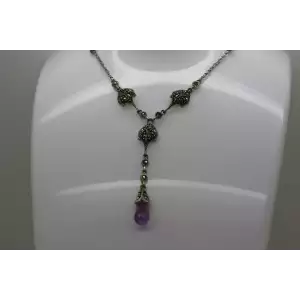.925 Sterling Silver AMETHYST & MARCASITE DROP necklace 18