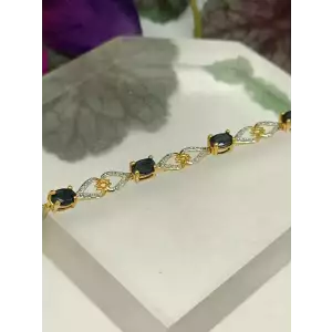 Gold Over 925 Sterling Silver Oval Dark Blue Sapphire Heart Link Bracelet