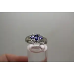 Rodium Plated 14k Y.G. TANZANITE 3 STONE ring size 7.75