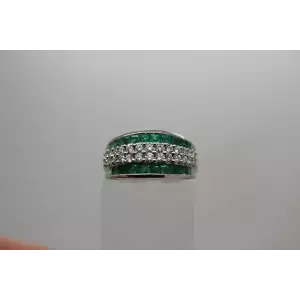 Signed CEI 14k White Gold .48ctw DIAMOND & EMERALD BAND ring size 7