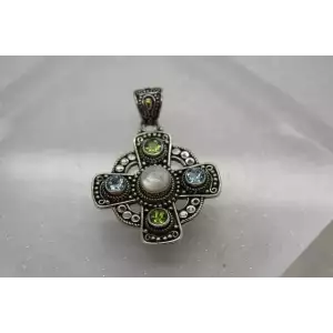 Signed BA SUARTI BALI .925 S.S & 18k Y.G. BL. TOPAZ, PERIDOT & MOP CROSS pendant