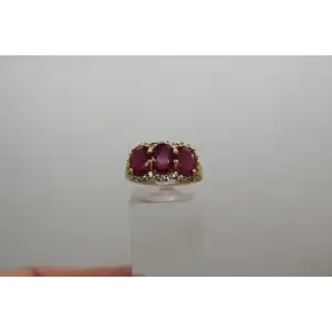Signed BJ 10k Y.G. Oval Cut 3 STONE RUBY HALO ring size 8