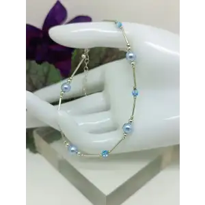 Beautiful Blue Pearl & Crystal Bead 925 Sterling Silver Ankle Bracelet