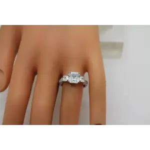 .925 S.S. Asscher Cut CZ 3 STONE w/ accents ring size 8 #