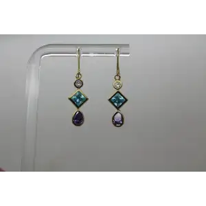 14k Yellow Gold BLUE , PURPLE & WHITE CZ DANGLE earrings #