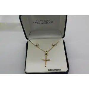 NIB Sig. SU 24k Y.G. over .925 S.S. CZ STUD earrings & CROSS necklace set
