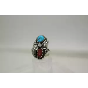 NAVAJO VERDY JAKE .925 S.S. TURQUOISE CORAL FEATHER ring size 6.5