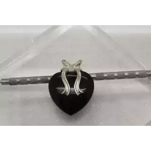 Vtg. .925 S.S. PUFFY BLACK ONYX HEART pendant BOW DESIGN