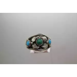 Signed .925 S.S. MALACHITE & TURQUOISE FEATHER DESIGNS ring size 8.75