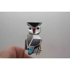 .925 Sterling Silver ONYX, MOP, TURQUOISE & CORAL OWL ring size 7