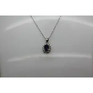 .925 S.S. Oval Cut BLUE SAPPHIRE DIAMOND HALO pend. necklace