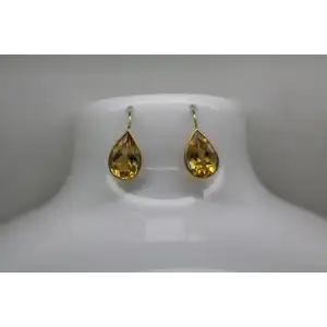 Signed 14k Y.G. TEARDROP BEZEL SET CITRINE DROP earrings