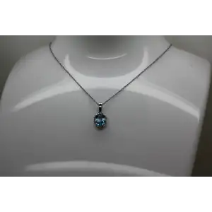 14k W.G. Oval Cut BLUE TOPAZ & DIAMOND HALO pendant necklace 18