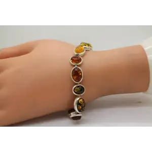 Vtg. .925 S.S. MULTI COLOR BALTIC AMBER OVAL LINK bracelet 7 1/2