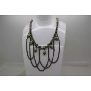 SABIKA VINTAGE Silvertone GREEN BEADED FRINGE Necklace 18