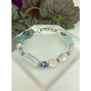 Ocean Hues Blue Sodalite, Pearl & Crystal 925 Sterling Silver Wire Beaded Bracelet (3)