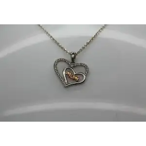 .925 S.S. Two Tone CZ. DOUBLE HEART MOM pendant necklace 20