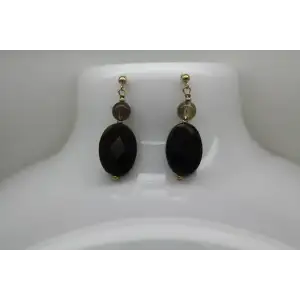 14k Yellow Gold BLACK ONX & SMOKY QUARTZ DANGLE earrings
