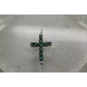 Vtg. NATIVE AMERICAN .925 S.S. DOUBLE SIDED TURQUOISE CORAL CROSS pend.