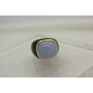 Signed STN 14k Y.G. BEZEL SET CHALCEDONY on JASPER ring size 6.75