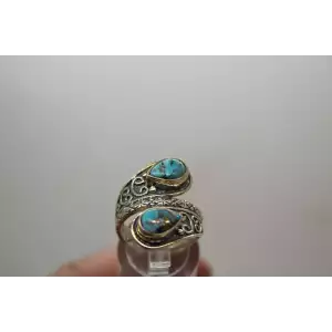 .925 S.S. TEARDROP TURQUOISE SCROLL WORK BYPASS ring size 6.75